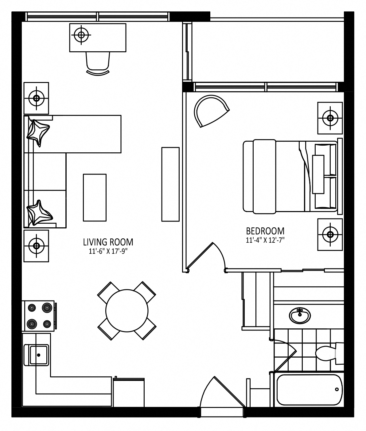Floor plan for 1 bed, 1 bath, 625 sqft